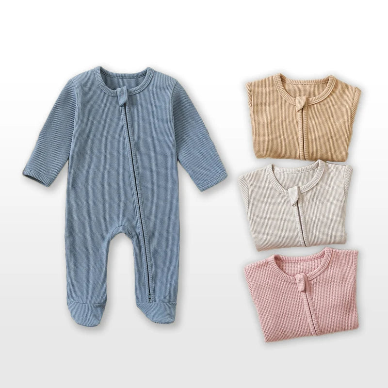 Cozy Organic Cotton Baby Rompers - 100% Waffle Cotton Zipper Footed Sleepsuit