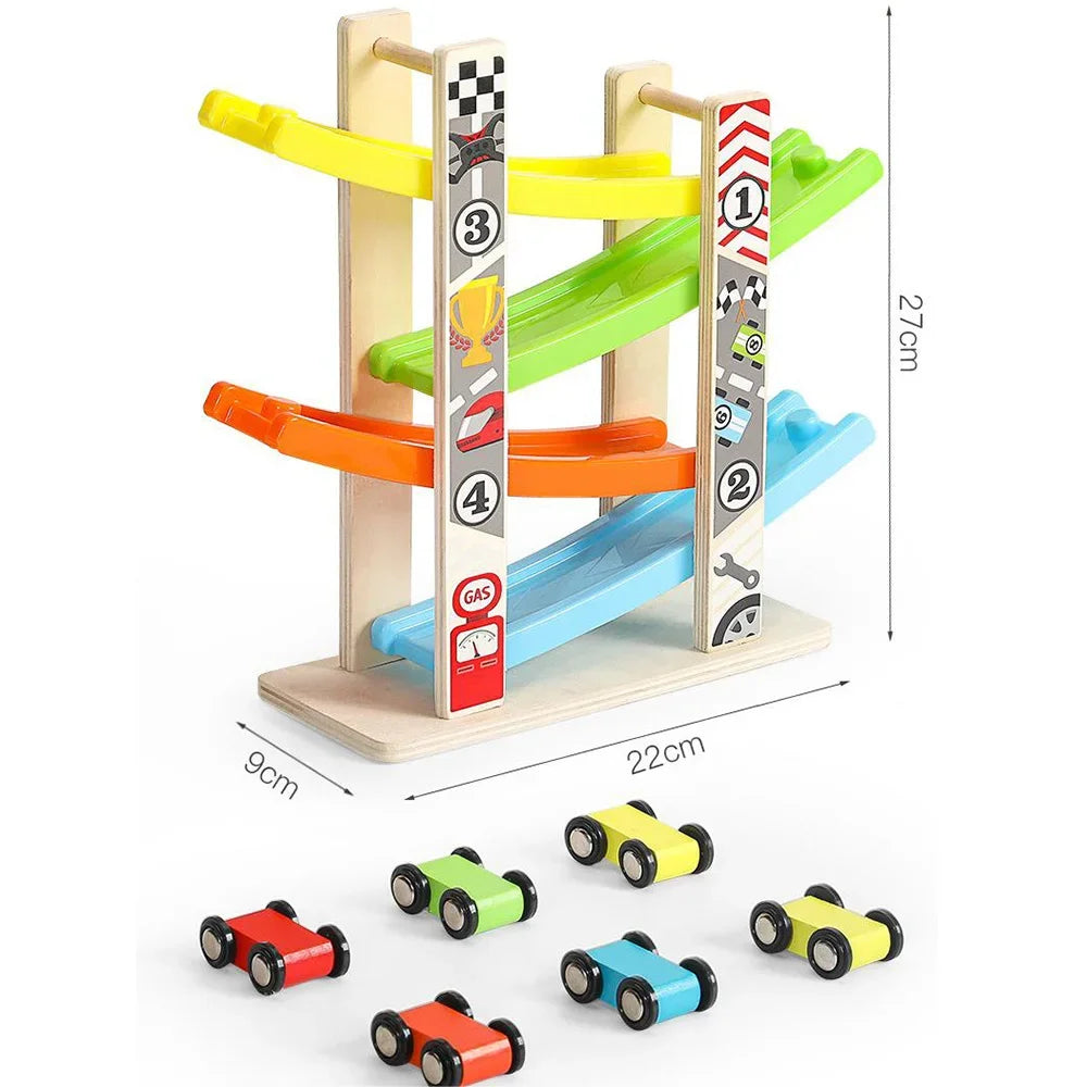 Exciting 4 or 7 Track Wooden Ramp Racing Car Set – Montessori Educational Toy for Toddlers