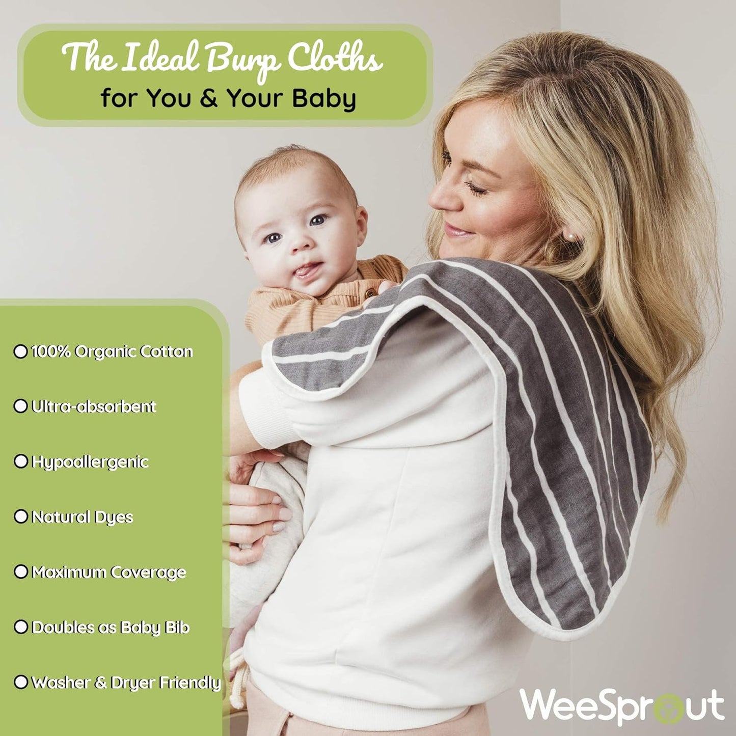 Organic Towel Cotton Burp Cloths, Set of 4, Ultra-Absorbent Layers Keep Clothes Dry, Button Transforms into Baby Bib