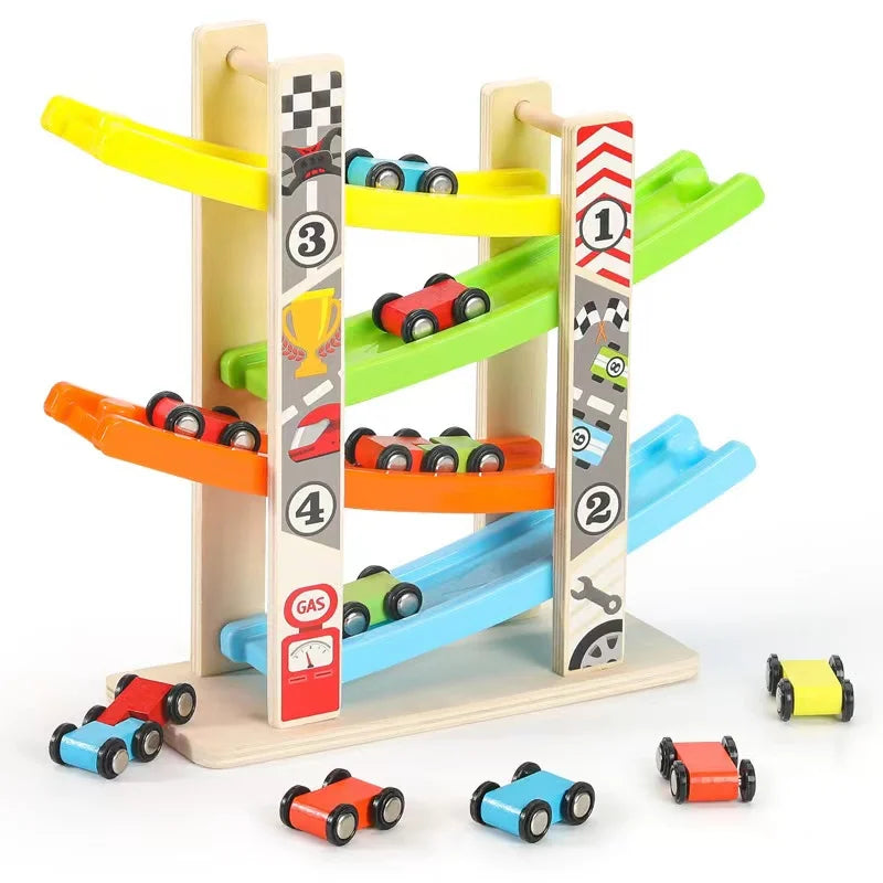 Exciting 4 or 7 Track Wooden Ramp Racing Car Set – Montessori Educational Toy for Toddlers